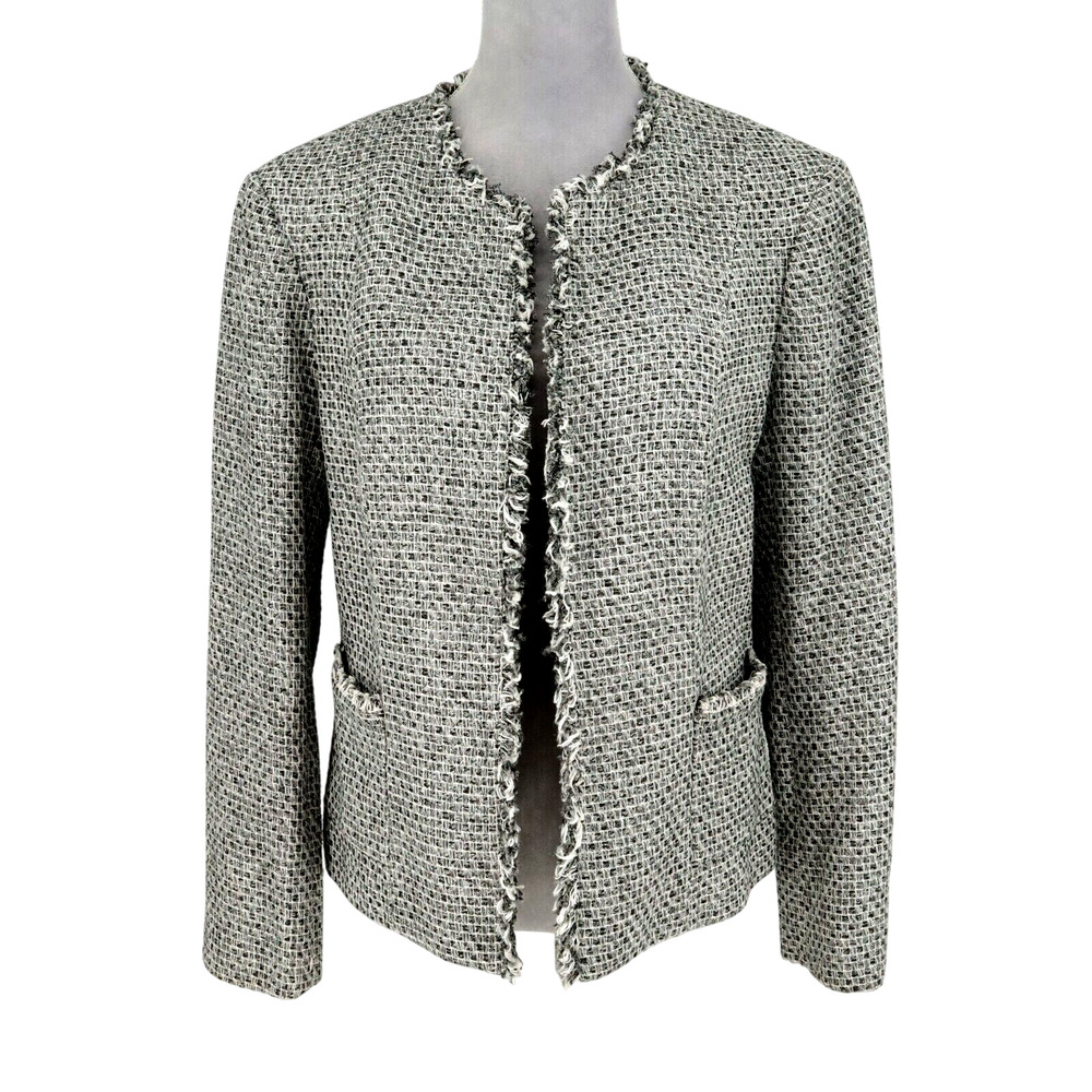 Jones NY Jacket Womens 14 Gray Cotton Blend Fringe Trim Pockets Blazer Career